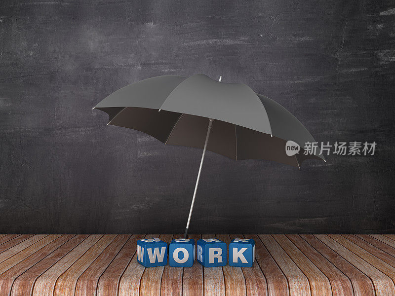 雨伞与工作立方体在木地板-黑板背景- 3D渲染